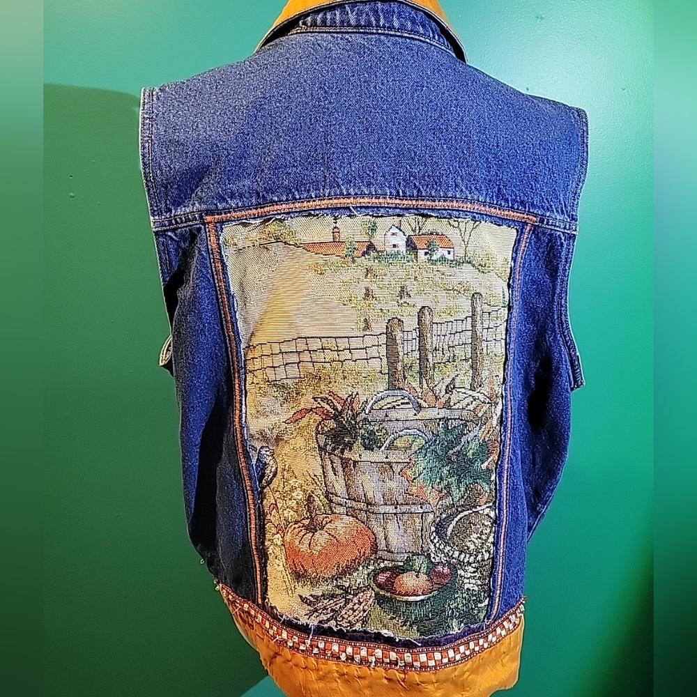 Adriana Sport Sz 18 LG Denim Vest Orange Trim Fall Theme Upcycle OOAK Granola